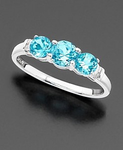 14k White Gold 3-Stone Blue Topaz and Diamond Accent Ring