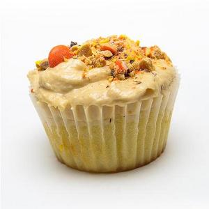peanut butter cupcakes with grape jelly and crushed reese's pieces