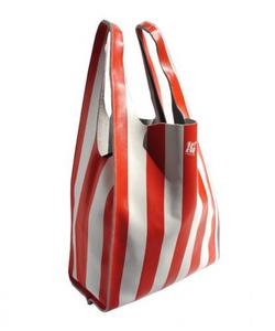 RED STRIPED LEATHER GROCERY BAG BY NATTHAKUR LONDON