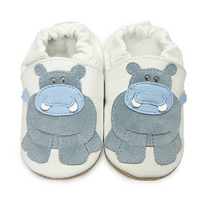 White / Blue Hippo Soft Soled Leather Baby Shoes