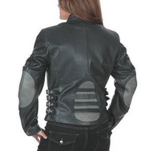 Women's Black Leather Motorcycle Jacket with Side Buckles