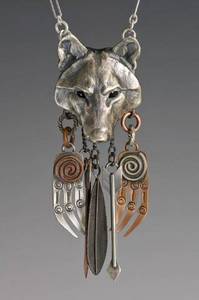 Silver Alpha Wolf w/ Sacred Paw Charms, Arrows and Raven Feather