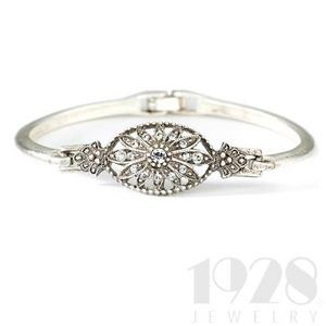 Art Deco Look Crystal Floral Motif Antiqued Silver Tone Bracelet