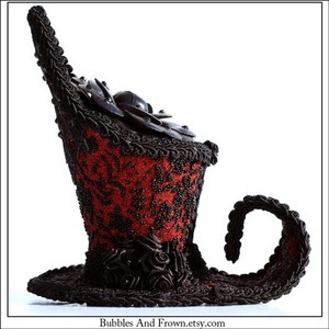 Sentiment... A-Symmetrical Mini Top Hat, Black and Red GLitter, Leather Rose