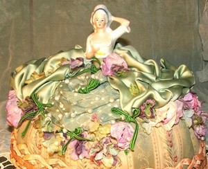 Antique Boudoir pincushion Arms Up German doll Beribboned rosettes dress