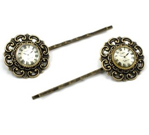 Paris and Back Again - GORGEOUS GOTHIC LOLITA STEAMPUNK ANTIQUED BRASS FILIGREE BARRETTES with TINY CLOCK CABOCHONS - MADE EXCLU
