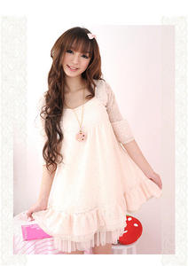 Bell-Sleeve Frill-Hem Lace Dress