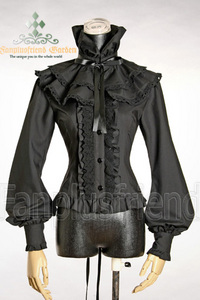 Elegant Gothic Lolita Puffy Cuffs Blouse& Jabot Choker Cape black