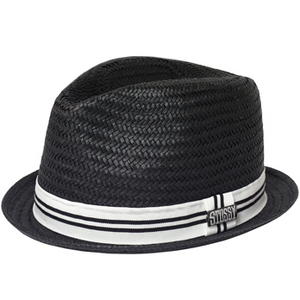 straw fedora in a dark color (navy or brown)