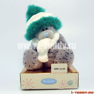 Мишка 7.5 см в белой шапочке с зеленой опушкой и шарфике (ME TO YOU)