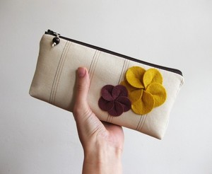 Clutch zipper purse striped natural linen with felt flowers wood bead zipper pull