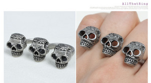 3 Skull Two Double Finger Ring