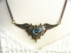 Steampunk Peacock Teal Blue Heart Wing Antique Necklace