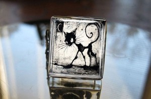 Gothic Black Cat and Moon Scrabble Tile Glass by birdsongringco