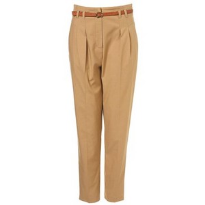Camel Belted Pleat Front Tapered Trousers