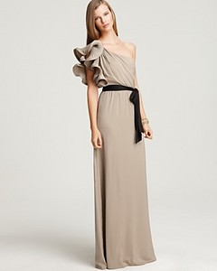 BCBGMAXAZRIA One-Shoulder Belted Gown