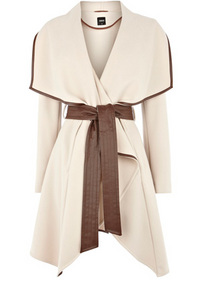 Faux Leather Trim Belted Drape Wrap Coat