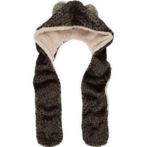 grey leopard print faux fur hooded scarf