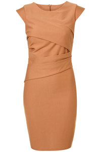 Camel Pleat Ponte Pencil Dress