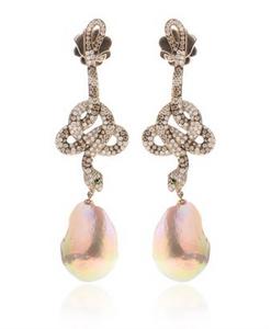 DIAMOND COILED SNAKE EARRINGS WITH LARGE PEARLS