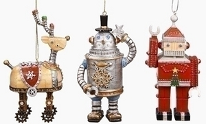 ёлочные игрушки в виде роботов и космонавтов