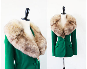 960s Kelly Green Jacket with Large Fox Fur Trim designer couture