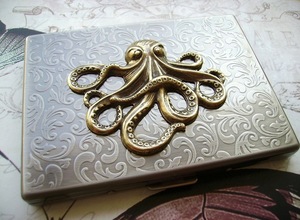 Steampunk Nautical Etched SIlver Metal Case - Wallet or Cigarette Case Box Etched Silver w/ Octopus