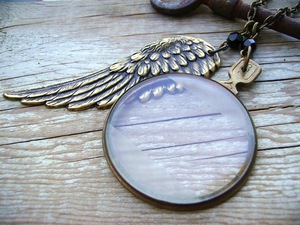 Steampunk Necklace - Brass Wing and Gold Optometrist Lens Long Vintage Necklace