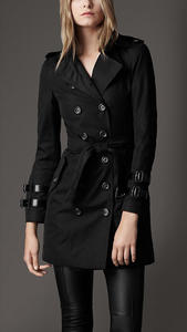 burberry short cotton blend leather buckle trench coat black