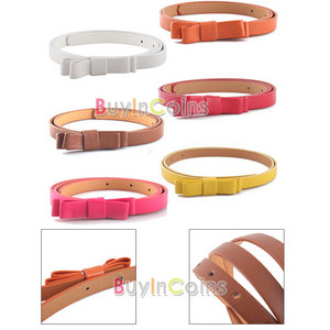 Fashion Candy Color Woman Girls Bowknot Waist Thin PU Leather Belt