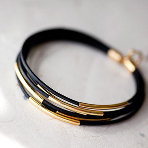 Black Leather Bracelet with 6 Golden tubes