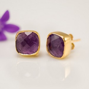 Purple Amethyst Cushion Cut Gemstone Stud Earrings in Gold Vermeil