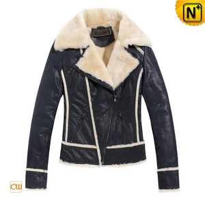 Women Blue Wool Lined Leather Jackets CW695112 - CWMALLS.COM