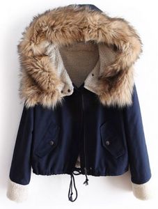 Navy Fur Hooded Long Sleeve Drawstring Coat