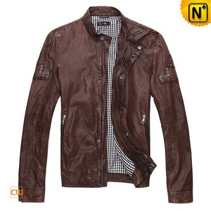 Mens Brown Leather Motorcycle Jacket CW871156 - cwmalls.com