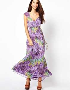 Traffic People Silk Maxi Dress In Feather Print