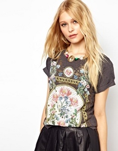 River Island T-Shirt With Floral Print & Studs