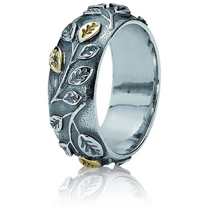 Серебряное кольцо с золотыми листочками Pandora