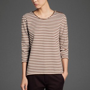 STRIPED T-SHIRT WITH LEATHER PIPING