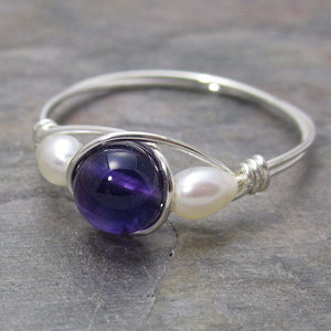 Amethyst and White Pearl Sterling Silver Wire Wrapped Ring