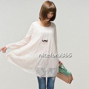 Women Long Sleeve Loose Lace Crewneck Plus Size Dress Render Fashion Skirt N4U8