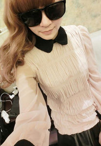 New Womens Korean Fashion Doll Collar Pleated Puff Sleeve Chiffon Shirt E580