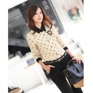 Fashion Korean Women Dog Printed Lapel Chiffon Long Sleeve Shirt Blouse Tops Hot