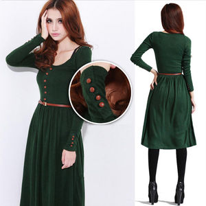 Women Autumn Vintage Slim Button Long Sleeve Mid-Calf Dress Skirts Belt Green G