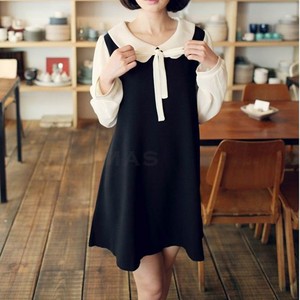 Pink Black Women Vintage Doll Collar Long Sleeve Dress with Bow Tie Fall Winter