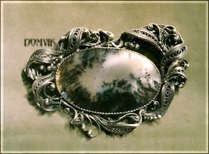 рошь - серебро, пейзажный агат или  моховый агат, филигрань