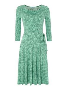 Fan Print Cowl Neck Belted Jersey Dress