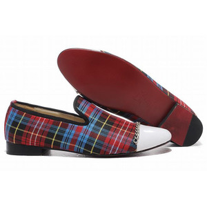 Red Christian Louboutin Rollergirl Tartan Canvas Mens Red Sole Flat Shoe