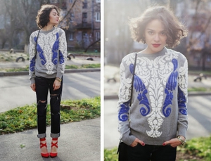 Grey Long Sleeve Baroque Embossed Knit Sweater