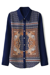 ROMWE Asymmetric Retro Totem Print Long-sleeves Shirt